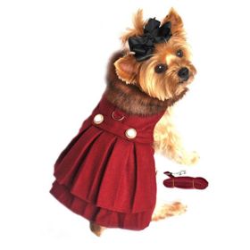 Wool Fur-Trimmed Dog Harness Coat by Doggie Design (Color: Burgundy, size: large)